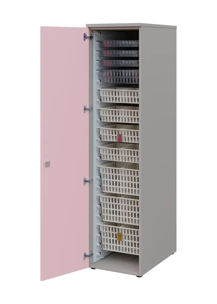 EUROMEDICA D - 46 skříň léková boxová, 1-dveřová, levá, 1950x460x735, korpus šedý, dvířka pastelově růžová